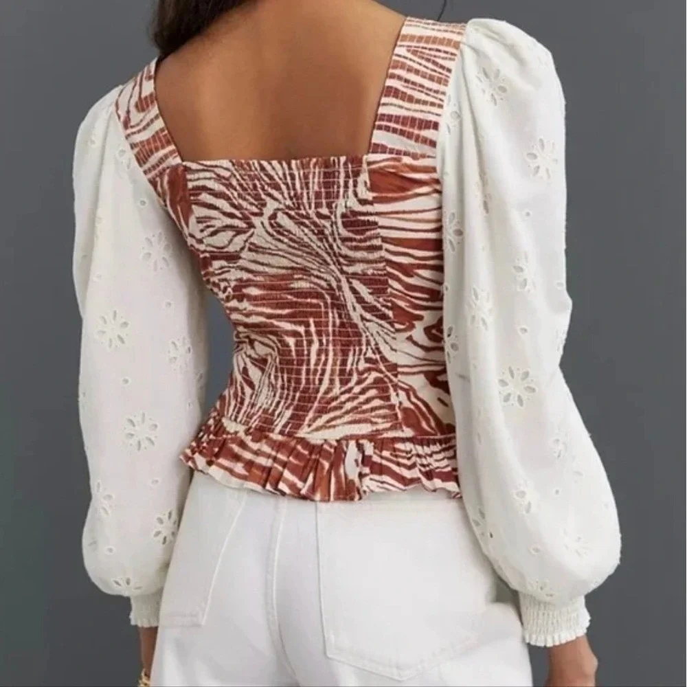 Anthropologie NEW Love the Label Chaka Smocked Eyelet Puff Sleeve Top SZ Medium